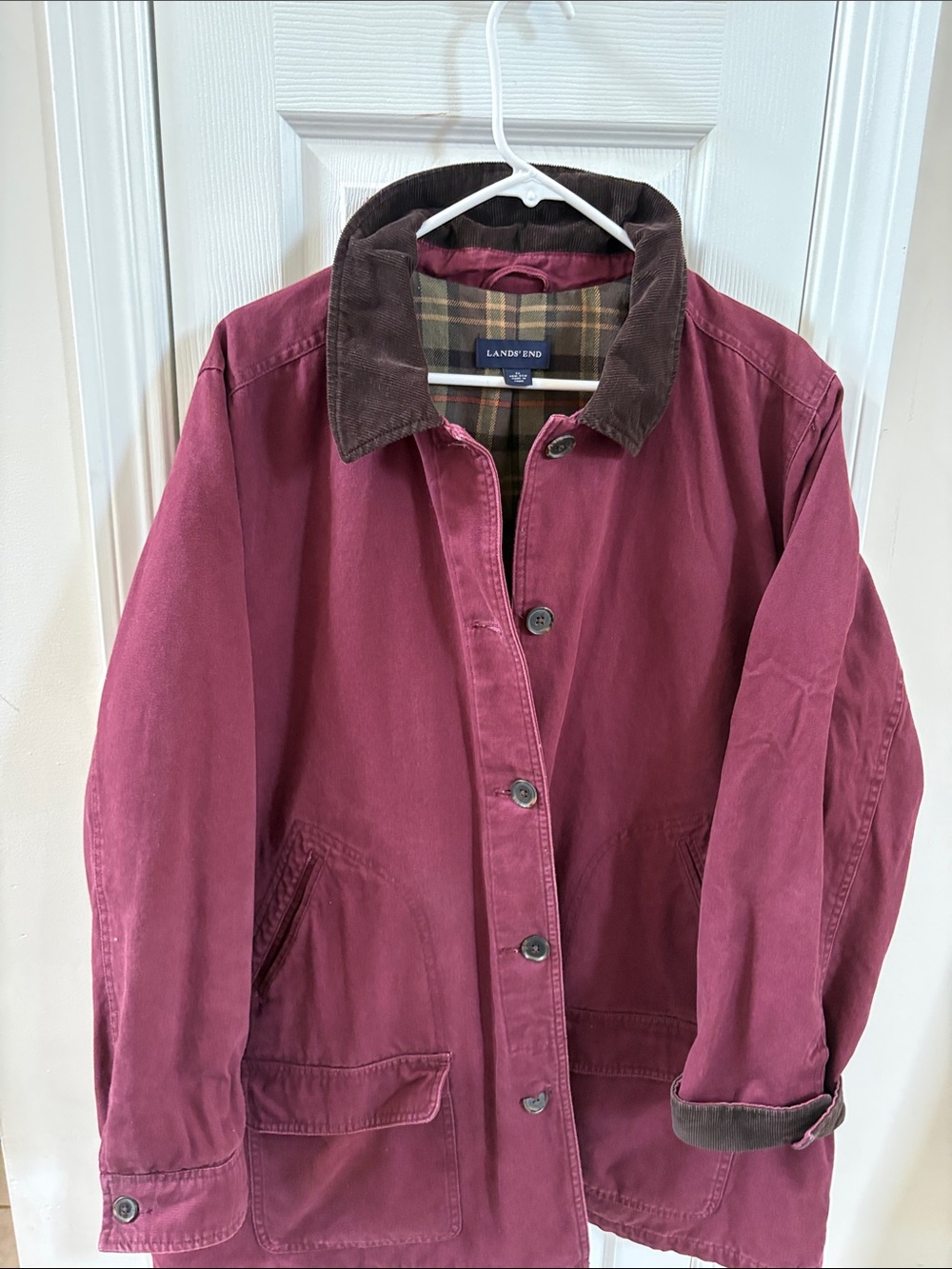 Lands' End Women's Burgundy Cotton Jacket with Corduroy Collar Vintage Farm Coat - Picture 7 of 7